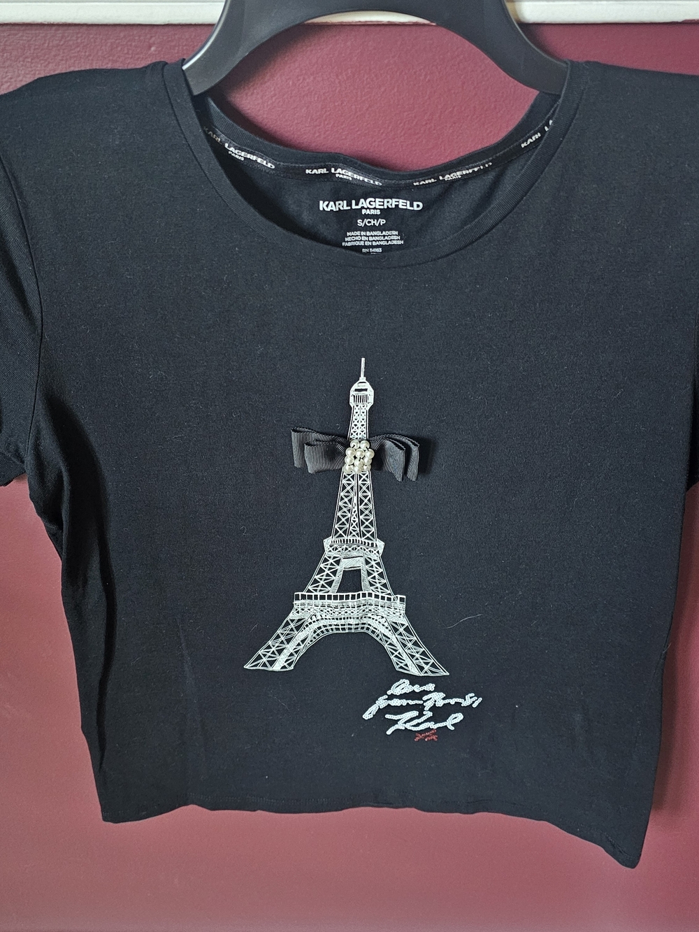 Karl Lagerfeld Black Tee with Eiffel Tower Appliqué and Bow